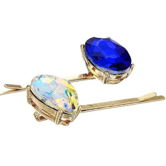 Steve Madden Aurora Boreale and Rhinestone Oval Teardrop Royal Blue Hairpins - Picture 2 of 5
